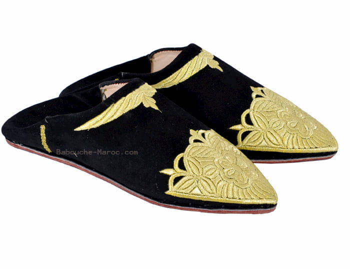 Embroidered Leather and Velvet Babouche Gold stitch womens