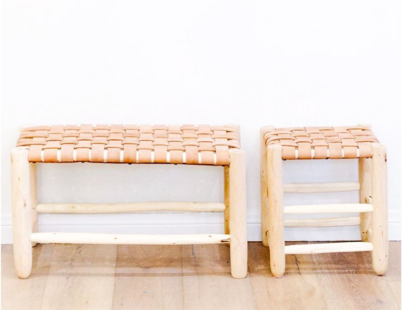 Natural Wood and Leather Bench